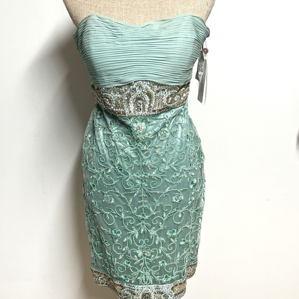 NWT Sue Wong Antique Aqua Sheath Dress w/ Floral Appliques & Beaded Waist Sz 12
